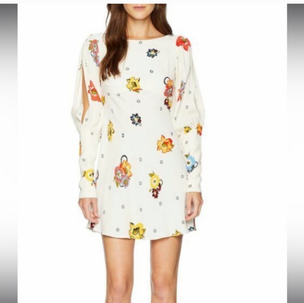 EUC Size 0 Free People ivory "Sunshadow" floral slitsleeve mini dress - Picture 1 of 7
